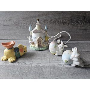 Vintage Hand Painted Porcelain Easter Lighted House (Church) Duck Egg Holder LOT